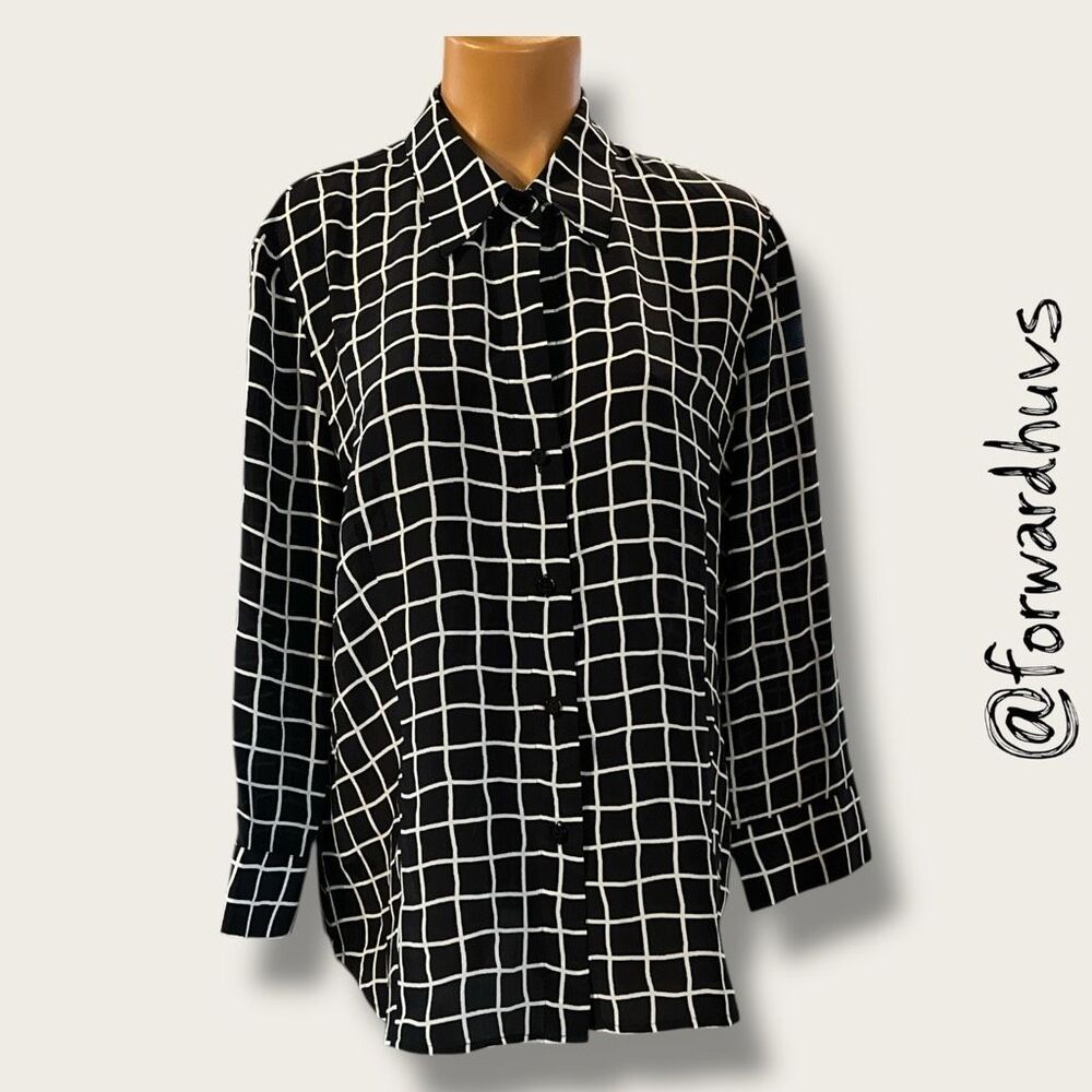 Ellen Tracy 100% Silk Grid Button Front Blouse Black White 14